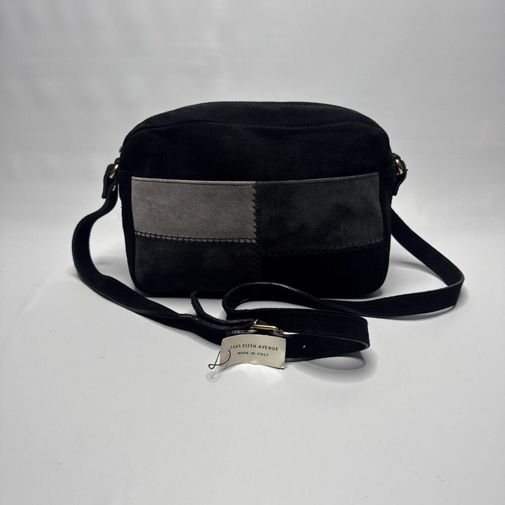 Saks Fifth Avenue Crossbody Genuine Leather Gray Black Color Block Style# 7524